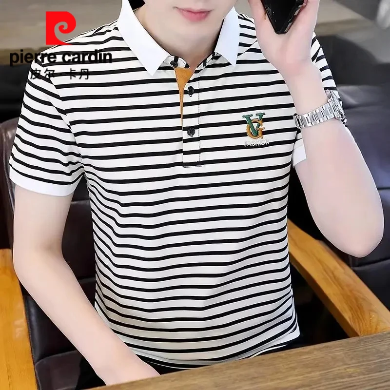 皮尔卡丹条纹衬衫男士短袖polo衫修身冰丝T恤夏季潮牌ins休闲绣花