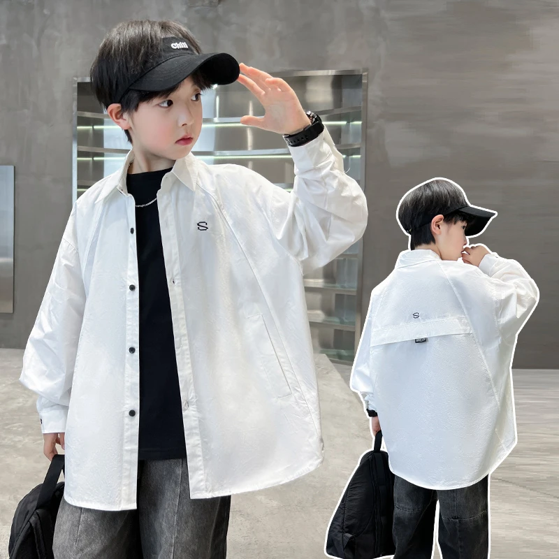 男童长袖衬衫春秋男孩儿童上衣青少年学生2025新款中大童春装衬衣