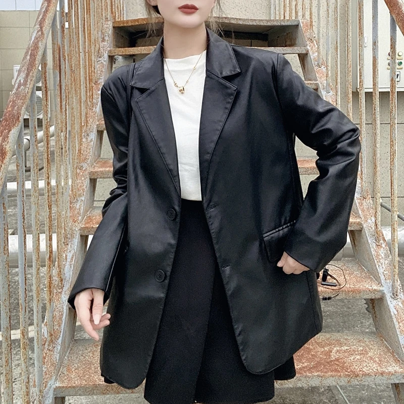 小西装外套女2025春季新款简约百搭皮衣高级感时尚通勤宽松西服潮