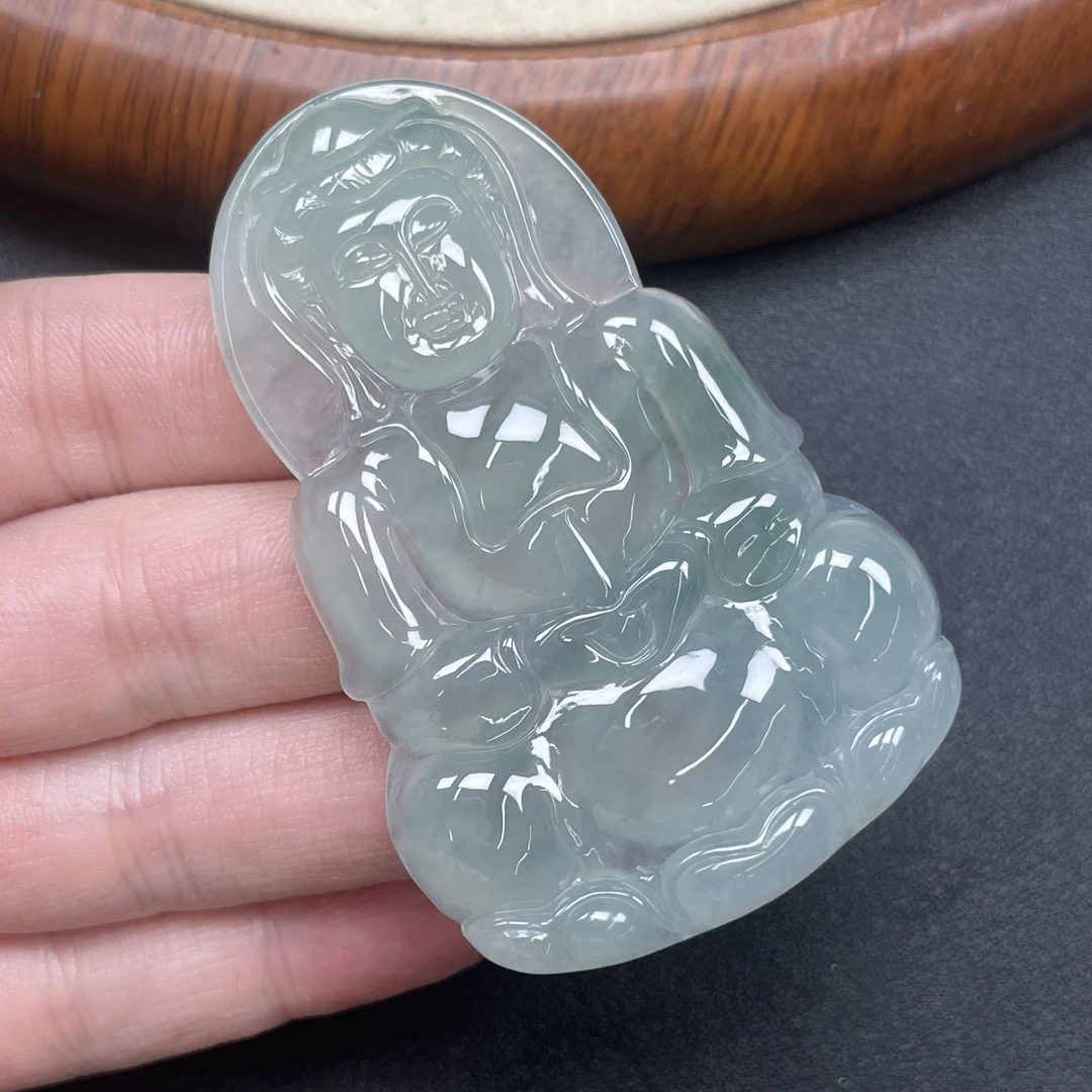 天然缅甸翡翠A货老种水润起胶淡底色正装观音吊坠直播