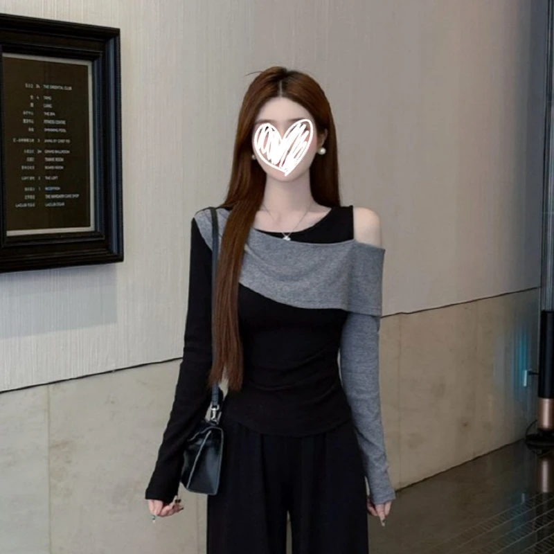 【现货】加绒加厚2025秋冬撞色拼接露肩长袖T恤修身显瘦打底上衣