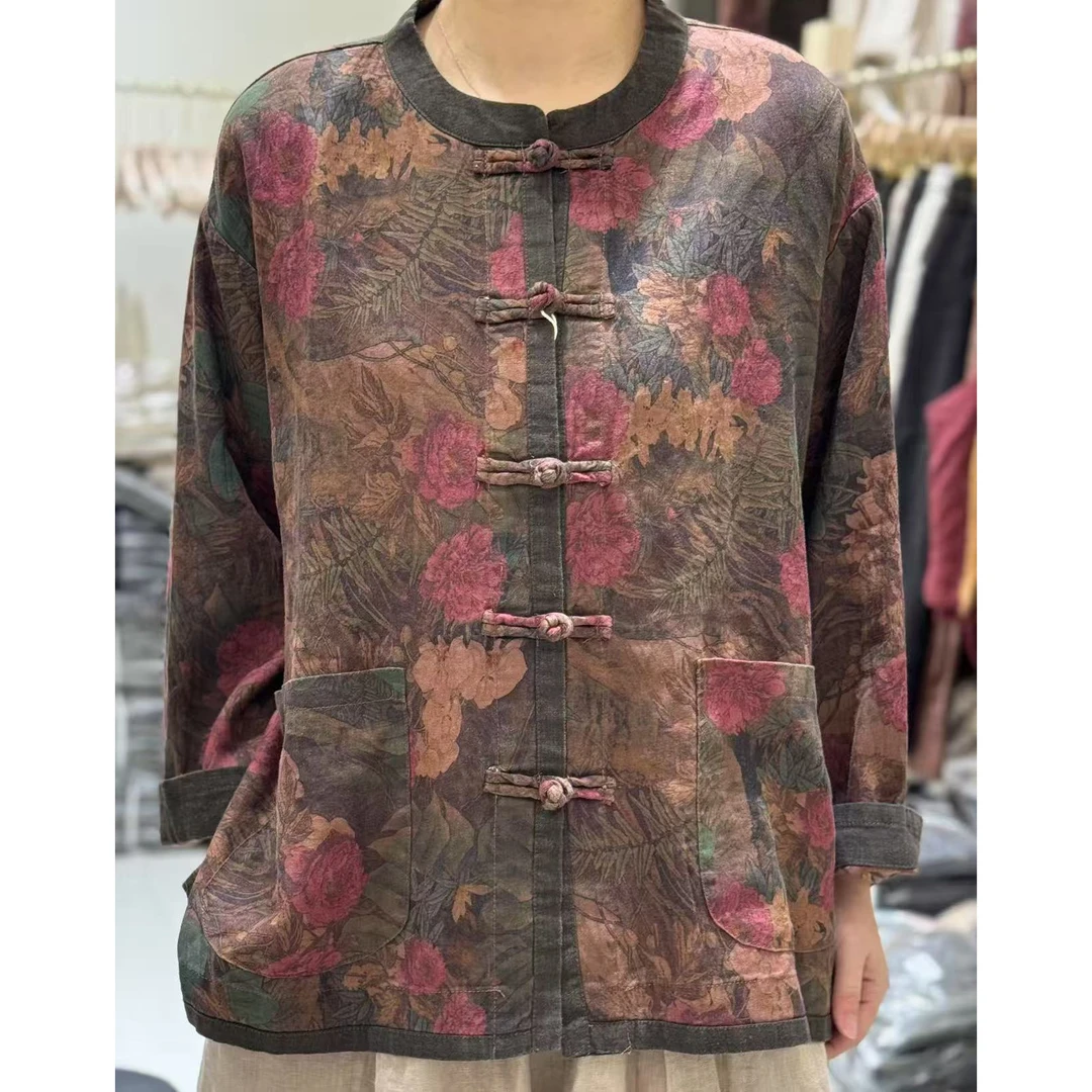 8670新款春秋季复古宽松百搭盘扣新中式文艺上衣印花休闲长袖外套