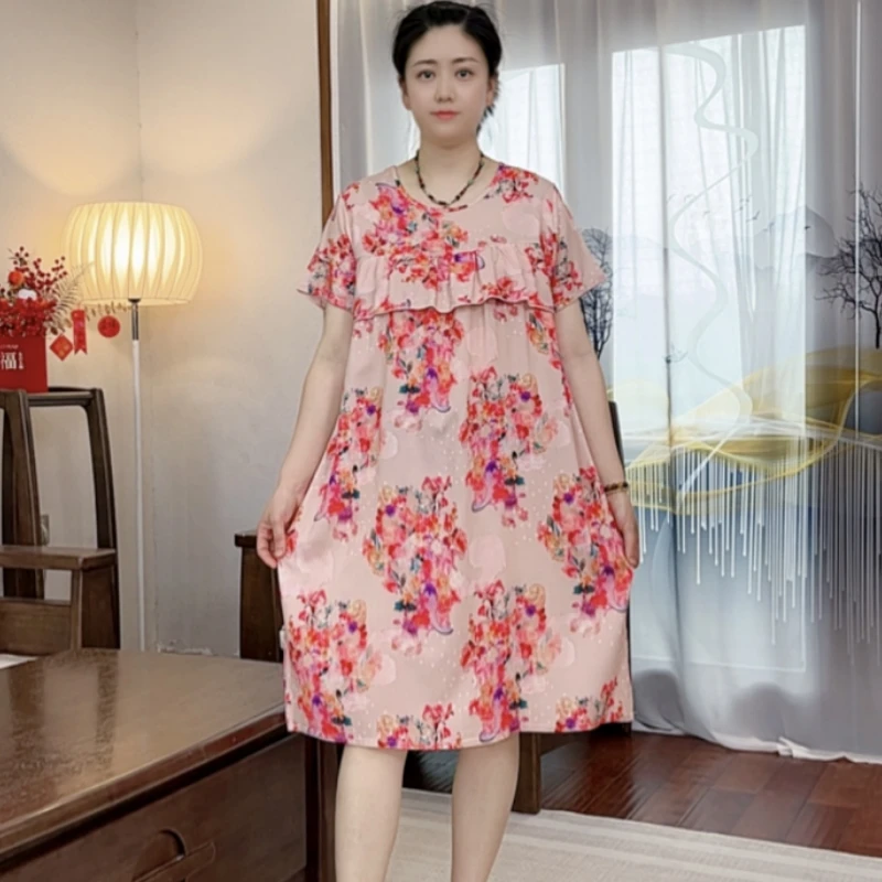 大码夏季新款棉绸碎花睡裙荷叶边宽松居家棉绸睡裙休闲中长款