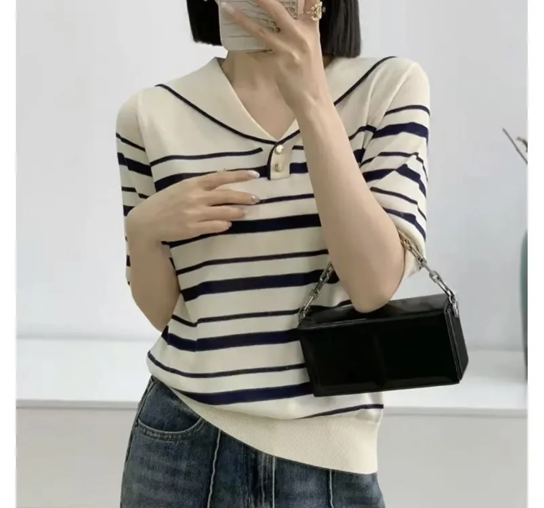 海军领条纹春季新款洋气撞色莱赛尔天丝薄款冰丝针织衫显瘦时尚女