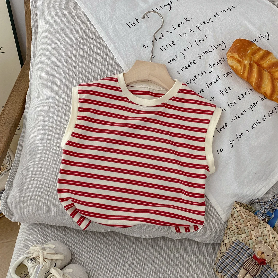 2025新款男童卡通洋气背心打底T儿童夏季条纹T恤薄款透气无袖上衣