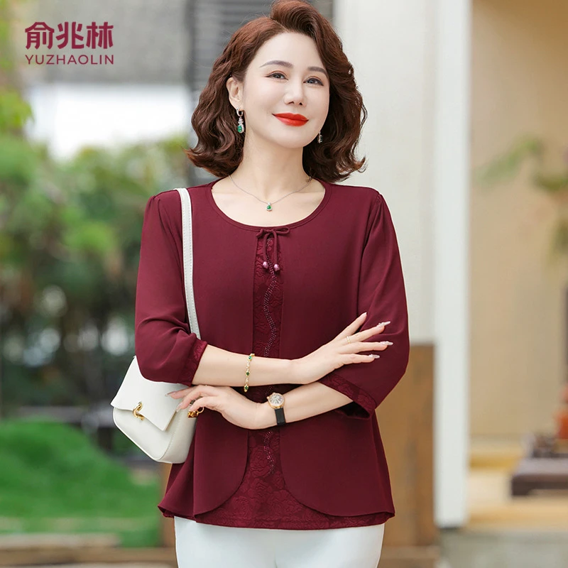 妈妈喜服婚宴小衫套装洋气中老年春装上衣服喜婆婆结婚礼服夏季女