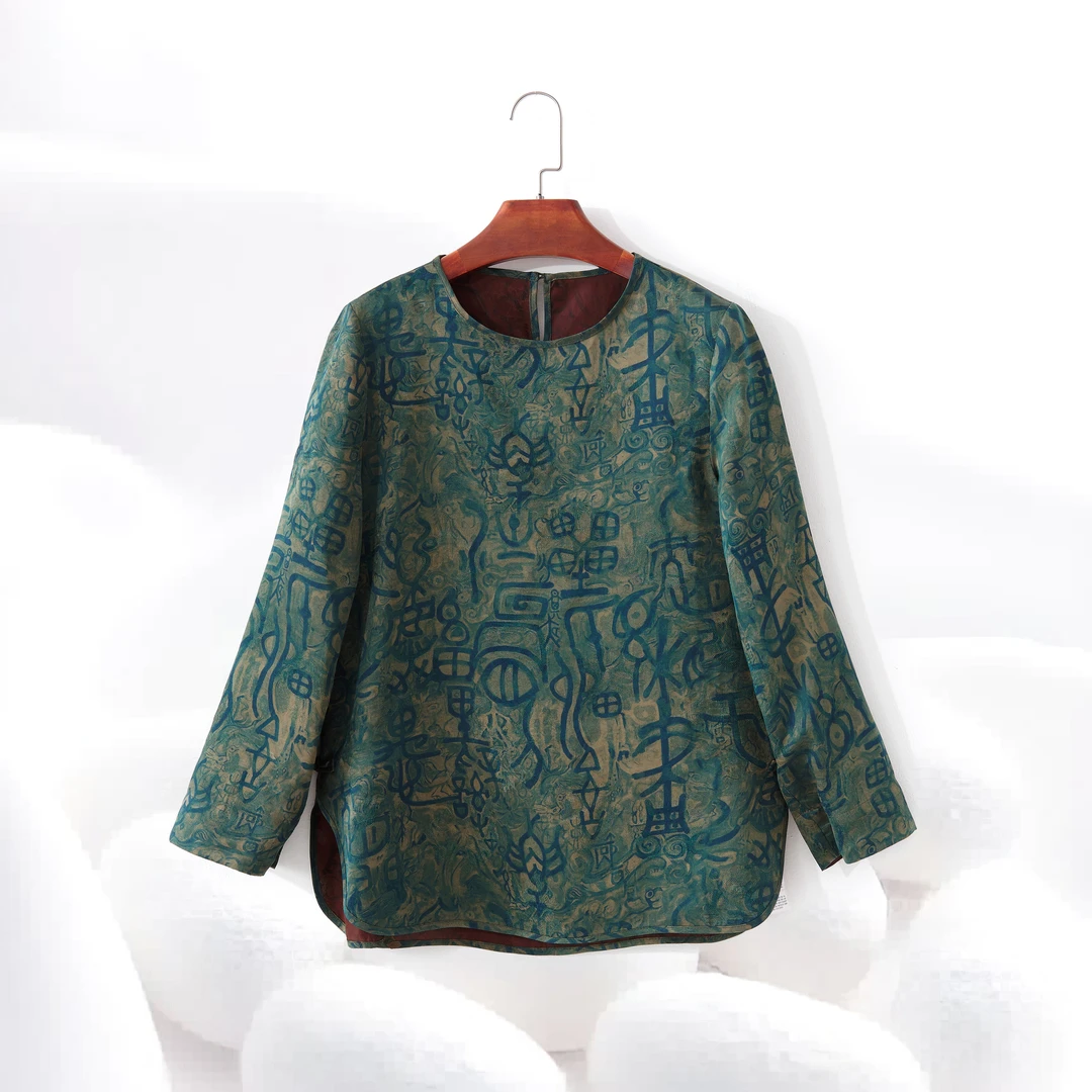 【甲骨文衬衫】100%桑蚕丝冠乐缎香云纱花罗经典甲骨文上衣dz216