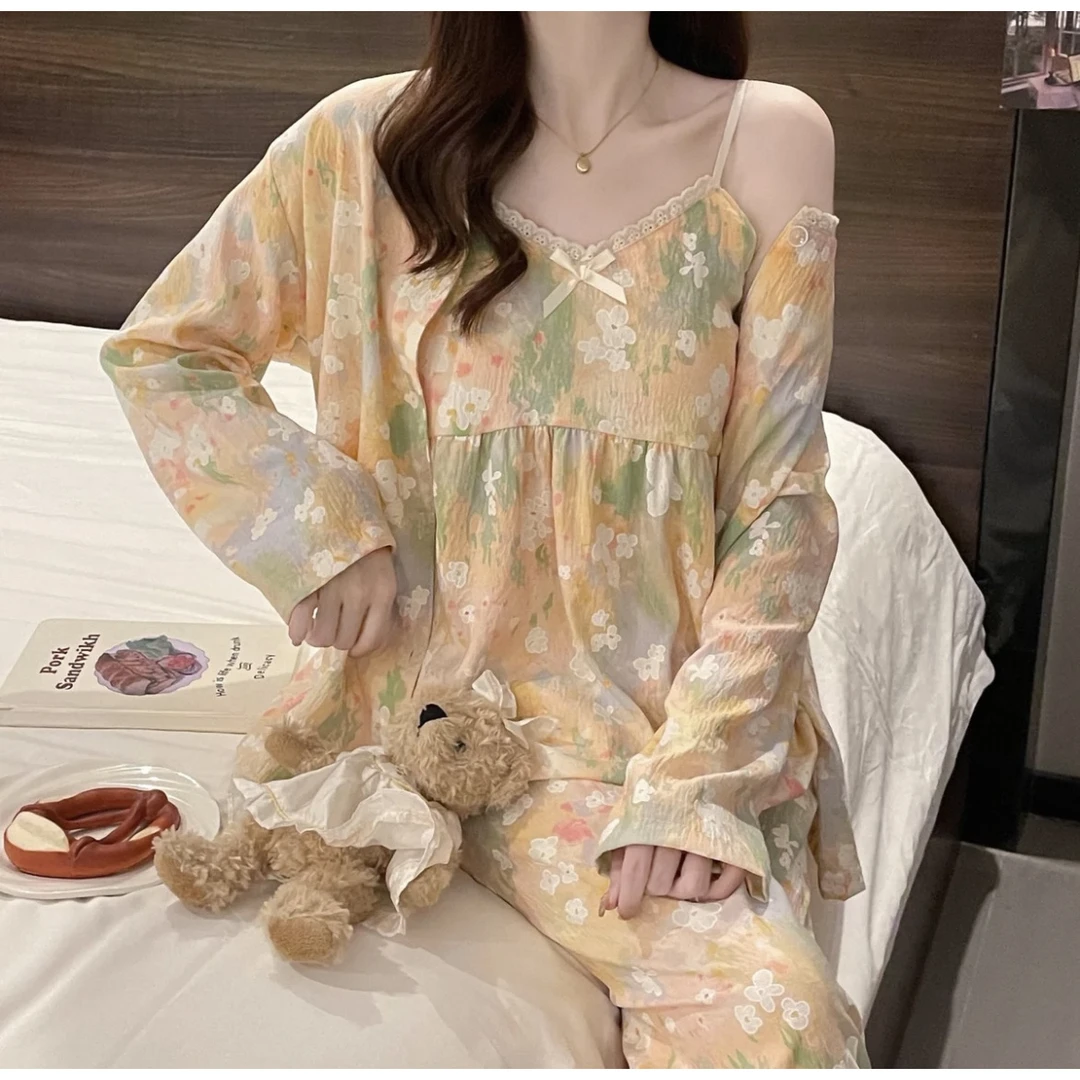 女士新款田园风甜美碎花吊带三件套