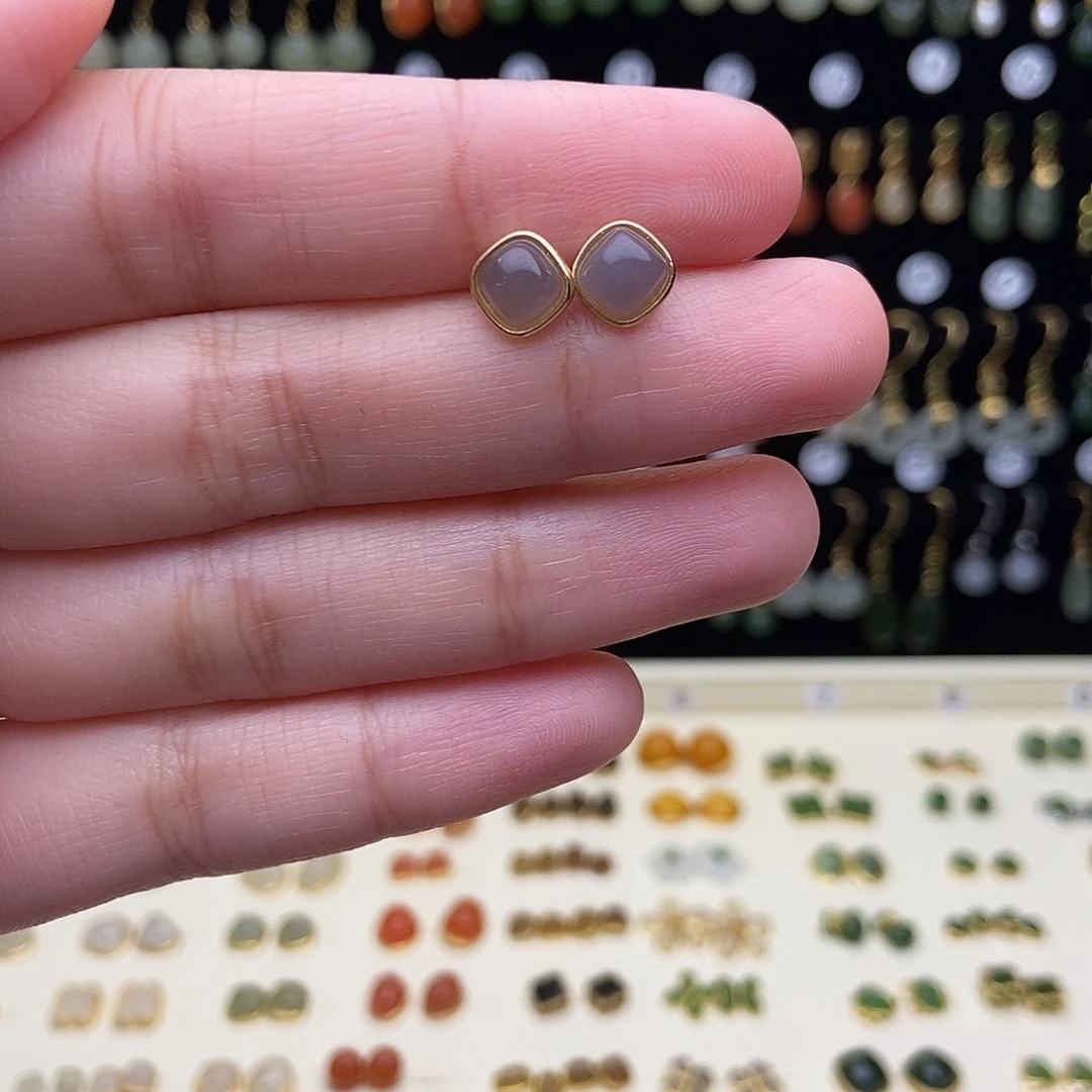 和田玉银S925镀金镶嵌耳饰