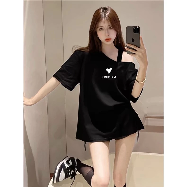 大码女装夏季宽松露肩休闲短袖t恤胖mm遮肚显瘦斜肩吊带印花上衣