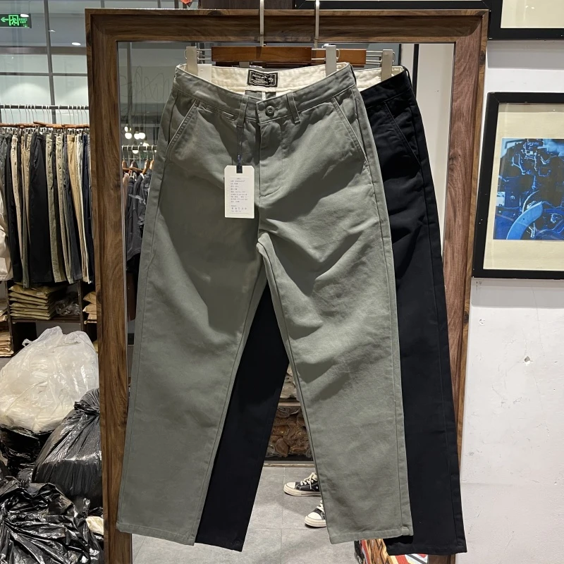秋冬新品男士商务百搭休闲长裤男美式复古水洗纯棉简约小直筒裤男