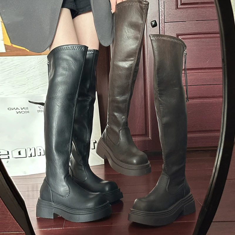 英伦风过膝厚底长筒靴女秋冬新款增高显瘦小个子增高骑士靴瘦瘦靴