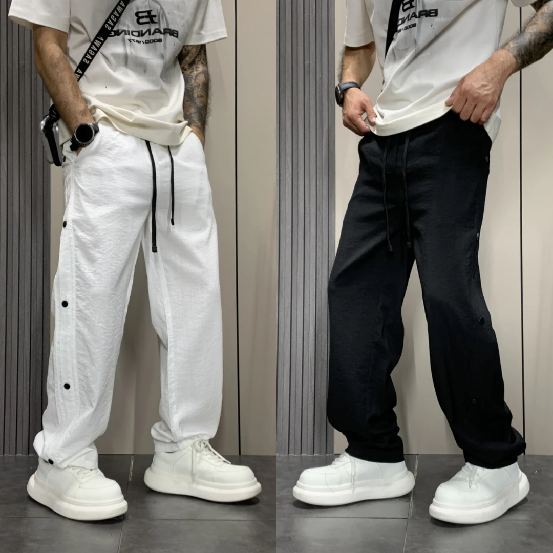 夏季薄款透气排扣设计休闲裤男士垂感宽松休闲运动裤潮流阔腿裤男