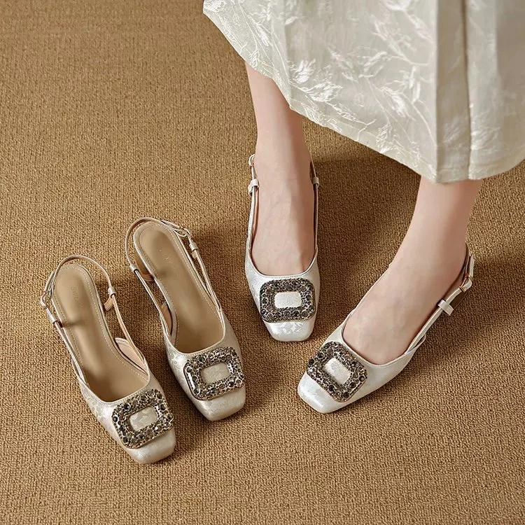 国风白色时装凉鞋纯色低跟方头时尚浅口皮带扣单鞋低跟