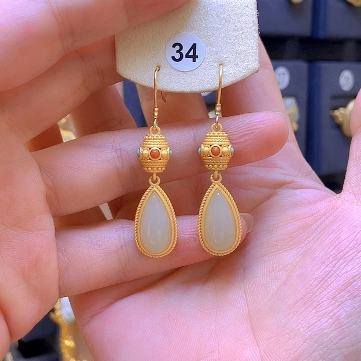 银S925镀金镶嵌和田玉耳饰