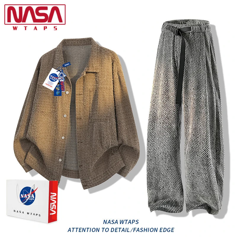 NASA WTAPS高街复古牛仔夹克套装男士春季港风休闲提花外套搭长裤