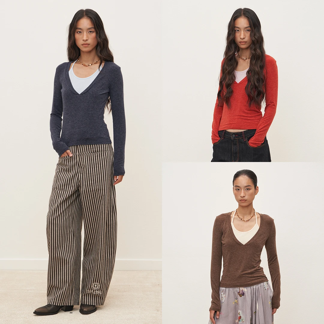 The enes boutiqueV领拼接吊带挂脖撞色假两件T恤女简约长袖上衣