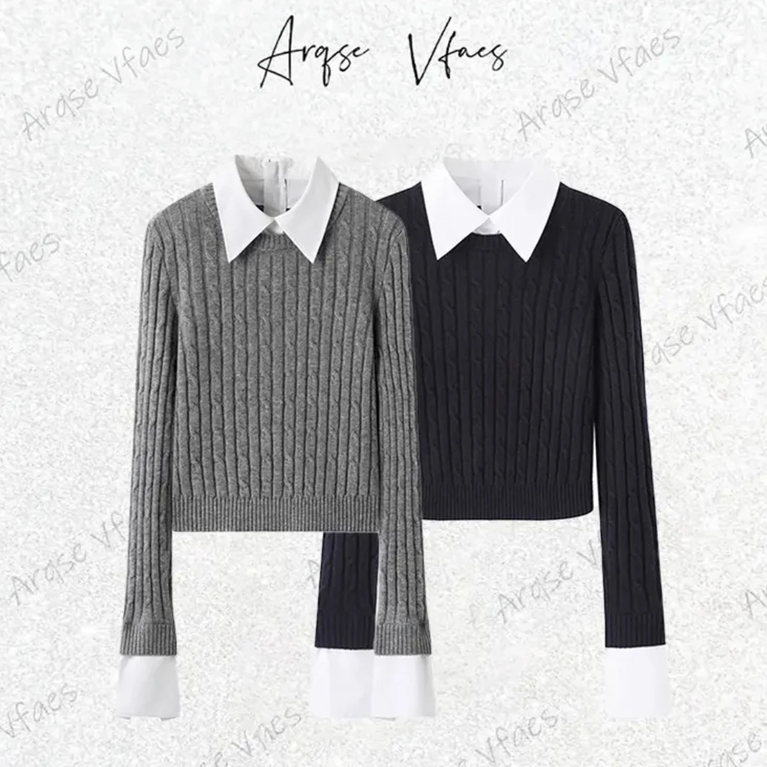 【艾家】同款2025冬季新款百搭显瘦假两件衬衫针织衫上衣女AR803015