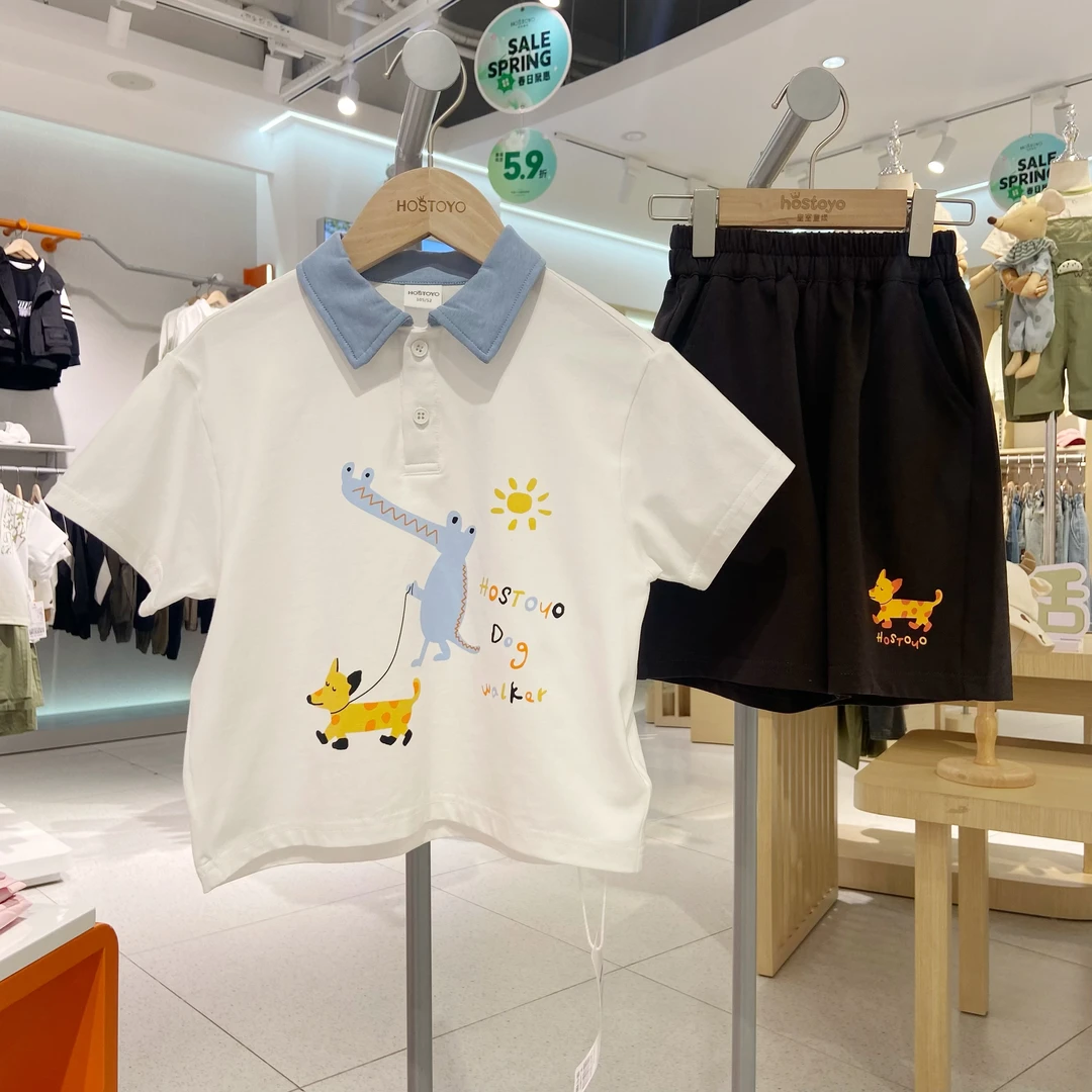 皇室童缘【中大童】2025男童夏装polo领卡通印花套装五分短裤