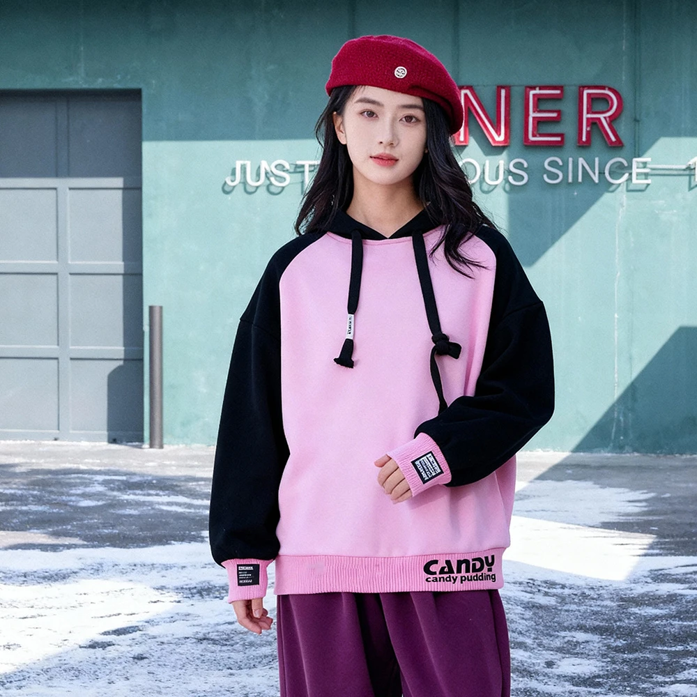 女童撞色拼接加绒加厚卫衣少女中大童帽衫