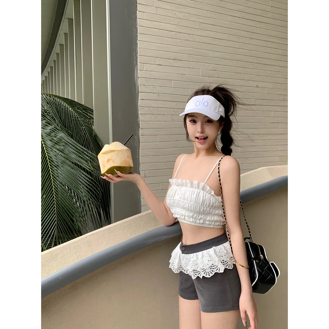 【东京夜曲】法式性感褶皱背心辣妹上衣女百搭抽褶双层蕾丝边短裤潮