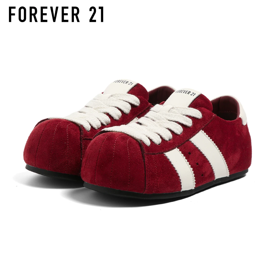 F21红色绒面德训鞋女2025新款秋季软底内增高百搭休闲大头运动鞋