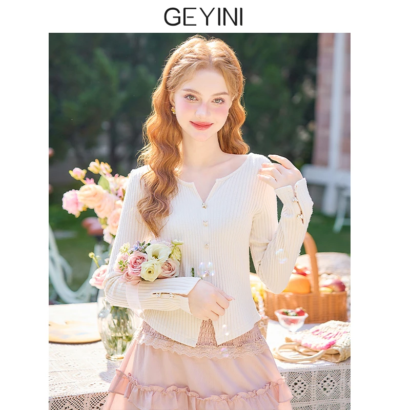 歌依妮2025春季甜美小个子修身内搭洋气打底衫长袖针织T恤衫上衣