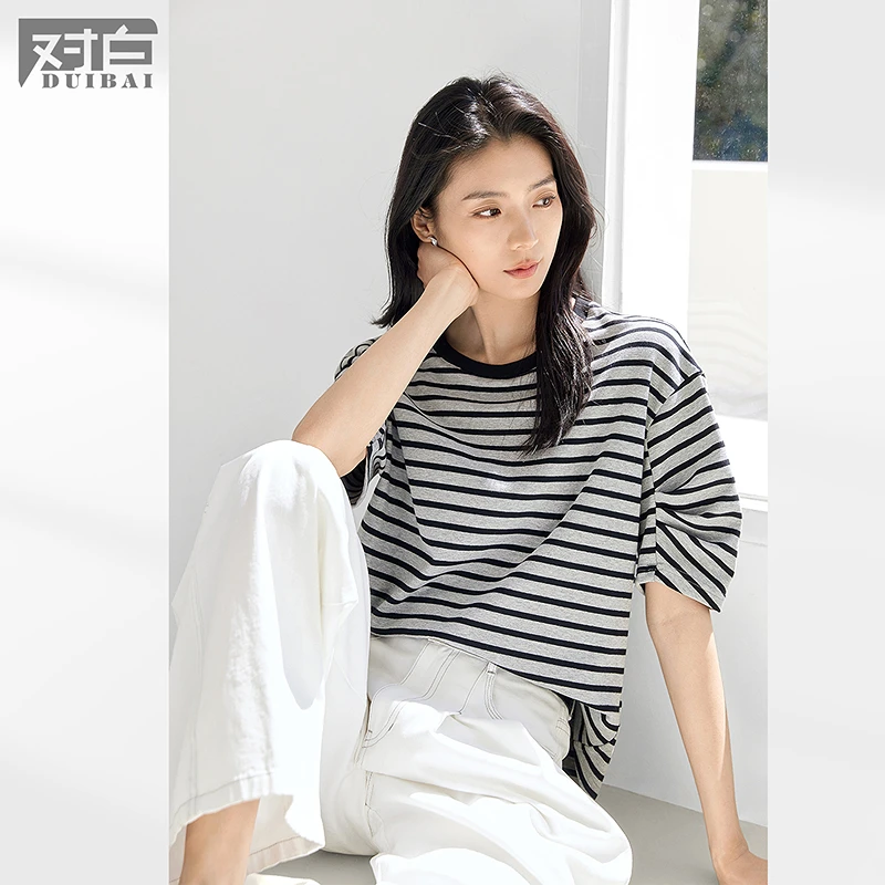 对白设计感撞色条纹短袖T恤女2025夏季新款时尚宽松休闲圆领上衣