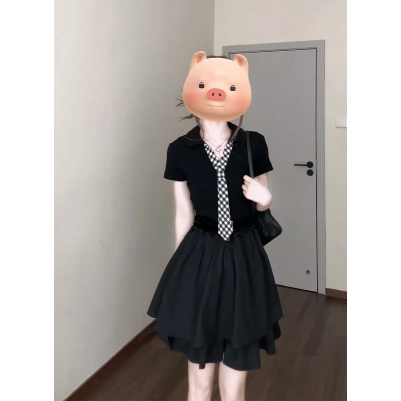 设计感连衣裙2025夏季新款韩系气质翻领领带短袖收腰显瘦蛋糕裙子