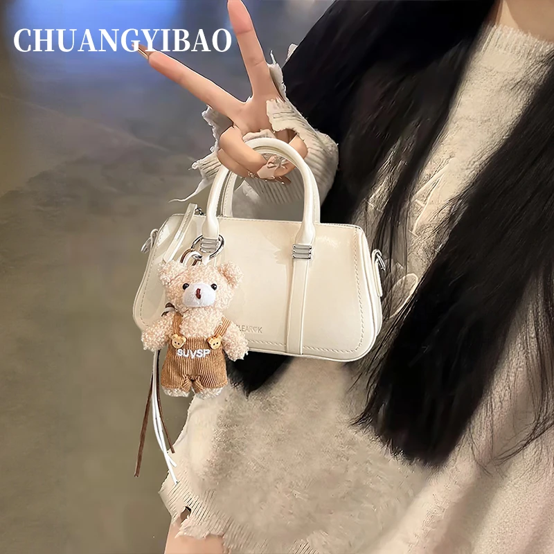 超火白色波士顿包包女2025新款高级感轻奢小众手拎斜挎保龄球包