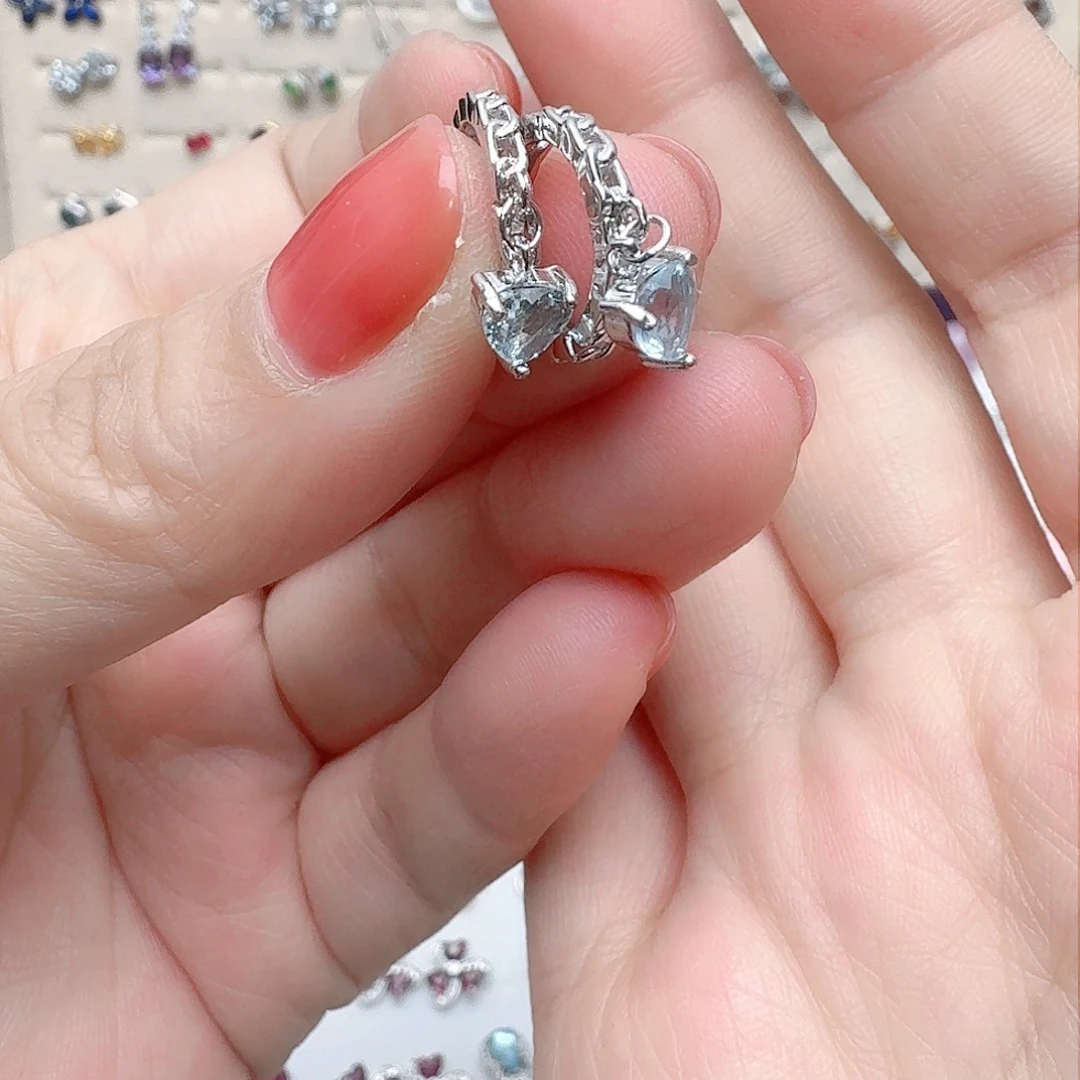 海蓝宝石耳坠银S925镶嵌耳钉