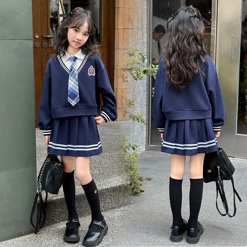 女童春秋款藏青色套装新款儿童服装洋气时尚jk长袖上衣时髦百褶裙