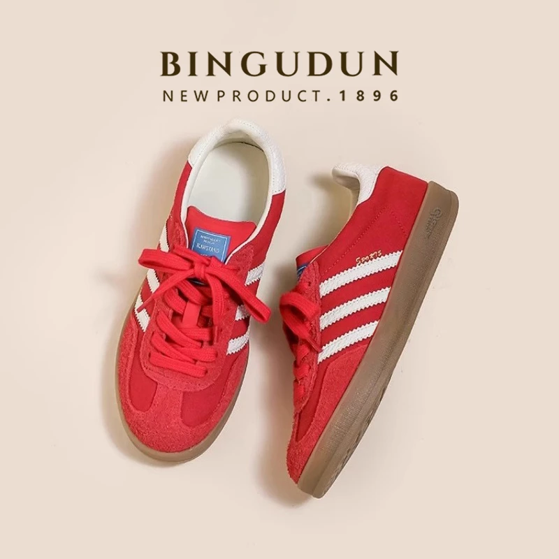 宾谷顿真皮红色德训鞋女2025春季新款时尚休闲板鞋运动厚底阿甘鞋