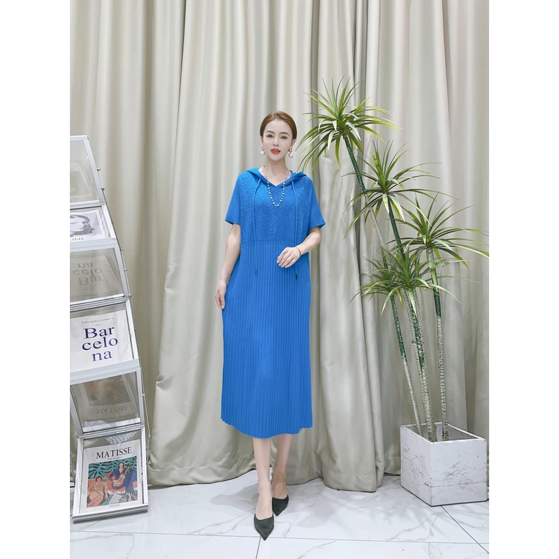 9222【春夏】蓝色抽绳带帽连衣裙中长款显瘦宽松气质夏季休闲