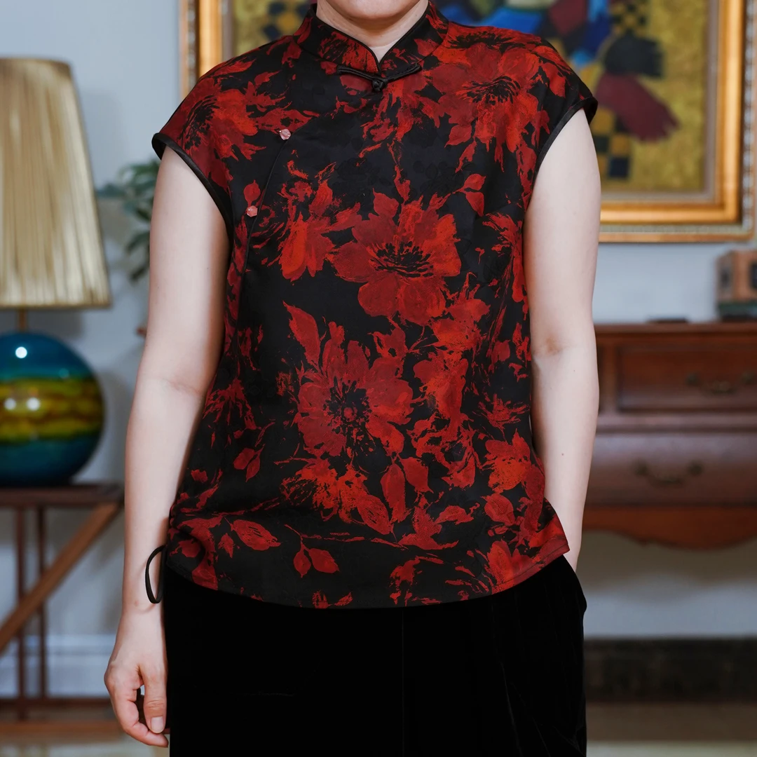 『雨梦』复古中式国风花萝香云纱立领气质修身新中式上衣-S5Q6550