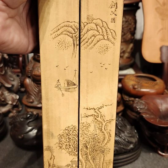 老***方木贴黄山水镇尺一对