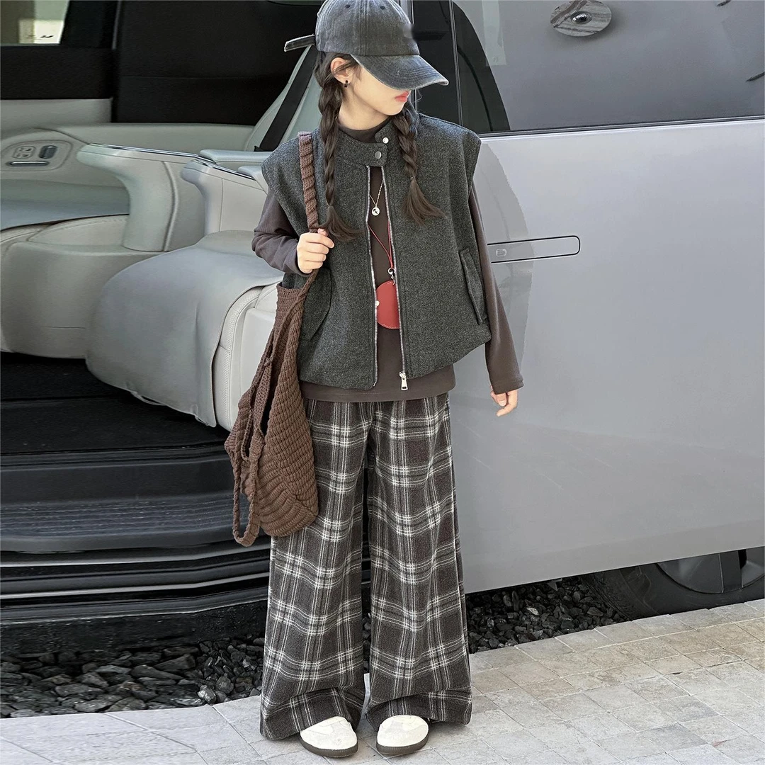 女童深秋格子裤三件套中大童休闲时髦套装洋气夹棉马甲儿童秋装潮
