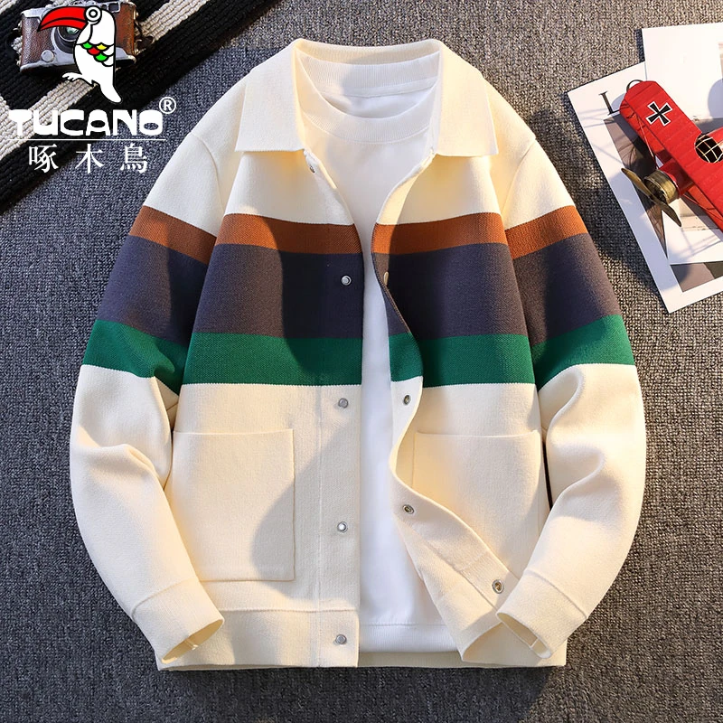 啄木鸟男士开衫春秋款针织衫韩版修身翻领毛衣外套帅气百搭潮流