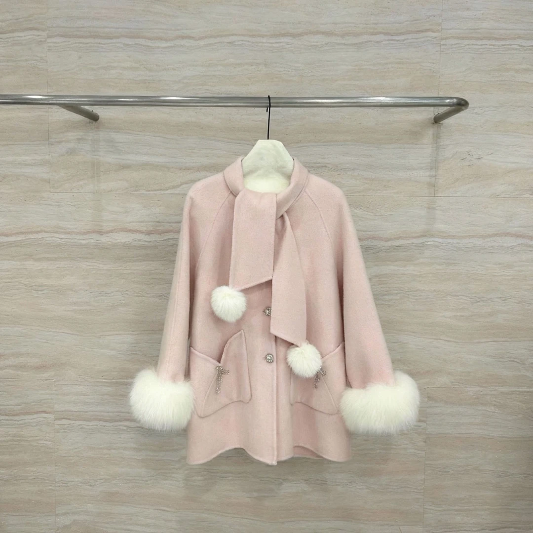 冬季真狐狸毛袖口双面羊毛大衣千金风系带甜美毛呢外套女