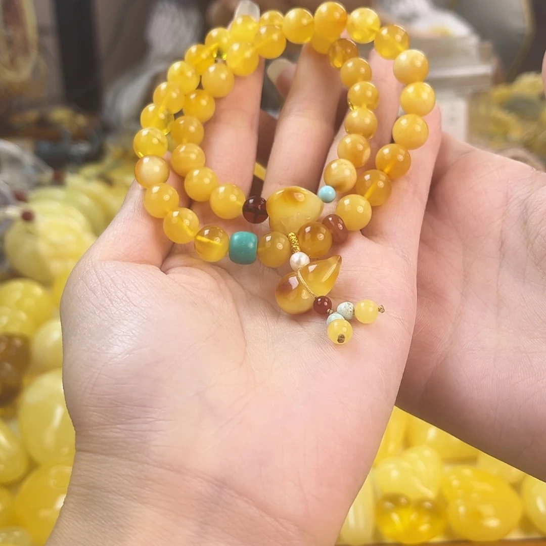 裸石琥珀未镶嵌8/9mm蜜蜡双圈diy手串