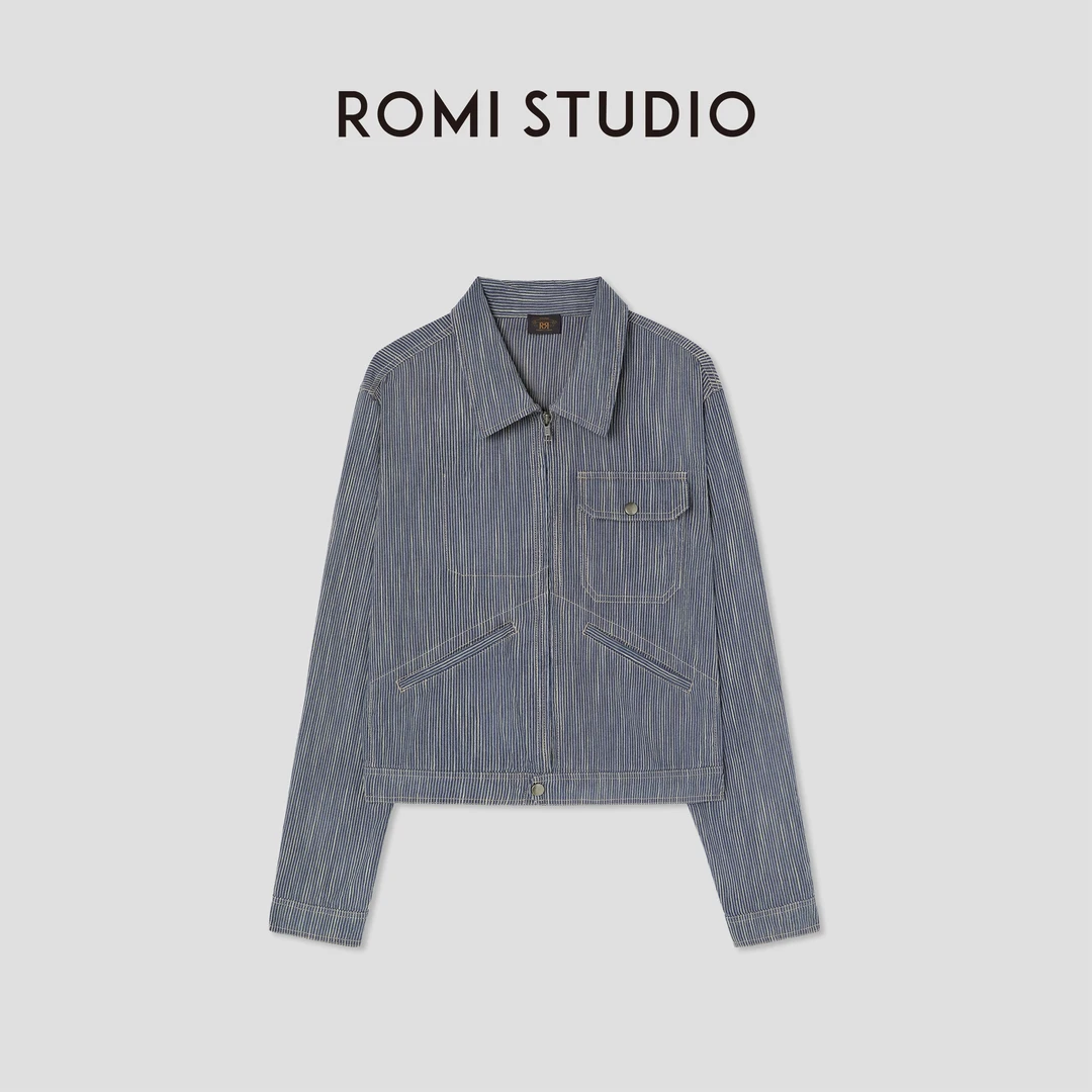 ROMI STUDIO“美式复古”亚麻棉混纺条纹小短款衬衫外套RW25SWY0073