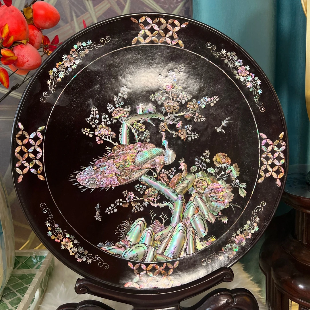 BB-【梅花孔雀图】螺钿镶木赏画盘赏画直径36cm