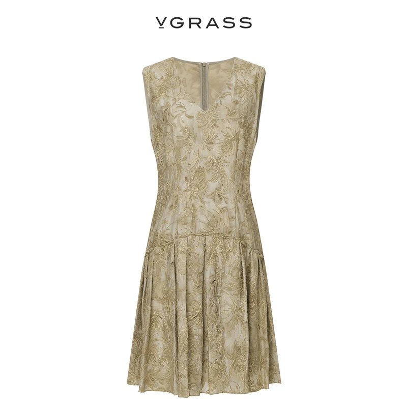 VGRASS印花叠绣丝绵连衣裙冬季新款提花无袖V领裙子VSL2O43860