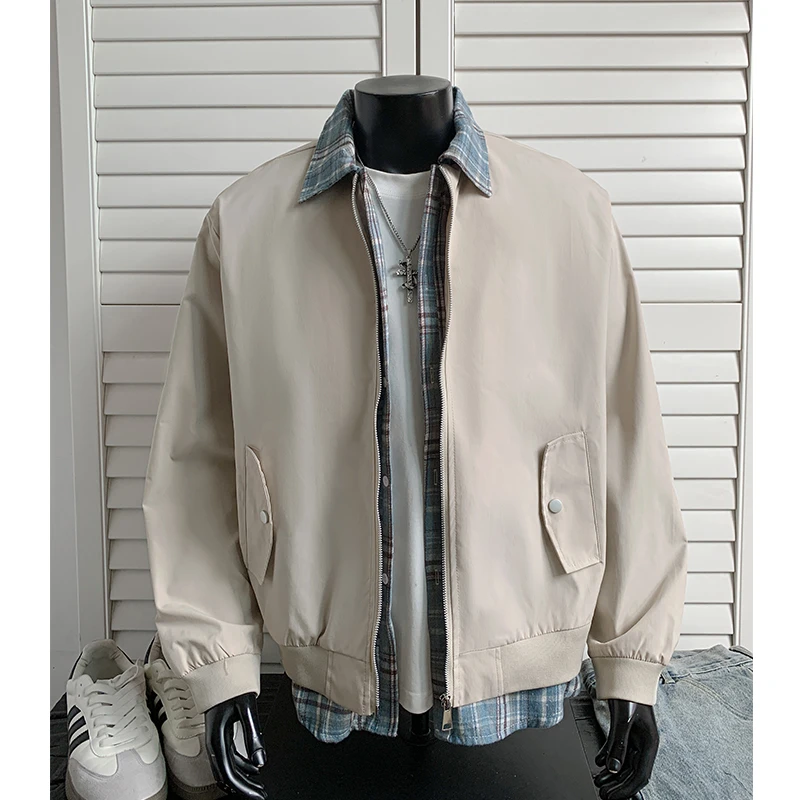 假两件cleanfit格子拼接飞行夹克外套男美式复古高级感痞帅棒球服