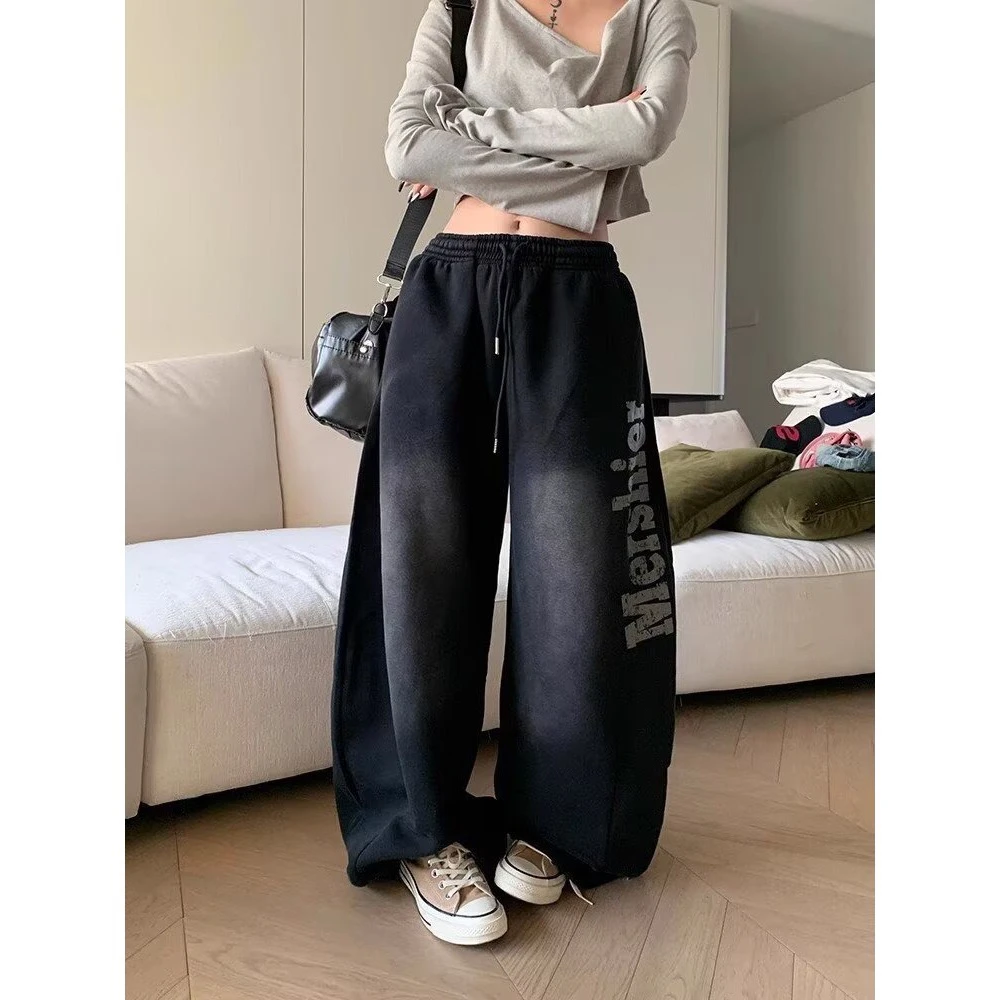 美式复古字母印花抽绳阔腿宽松休闲直筒拖地长裤