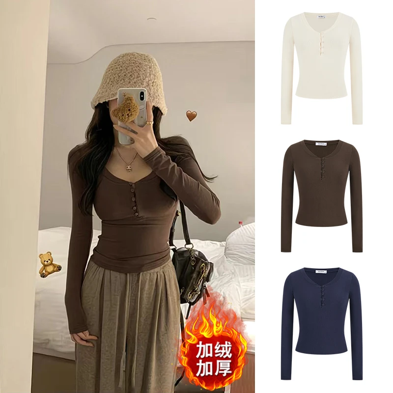 Moses Queen/魔西女王纯欲风U领修身别致上衣加绒保暖纽扣长袖T恤