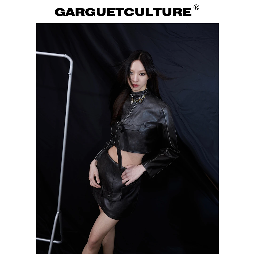 GARGUETCULTURE小众双层解构设计感千禧辣妹朋克短款皮衣夹克套装