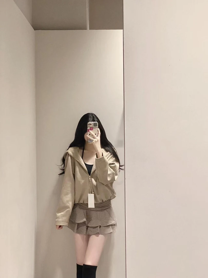 2025秋季新款美拉德色休闲连帽宽松短款拉链夹克外套女百搭半裙