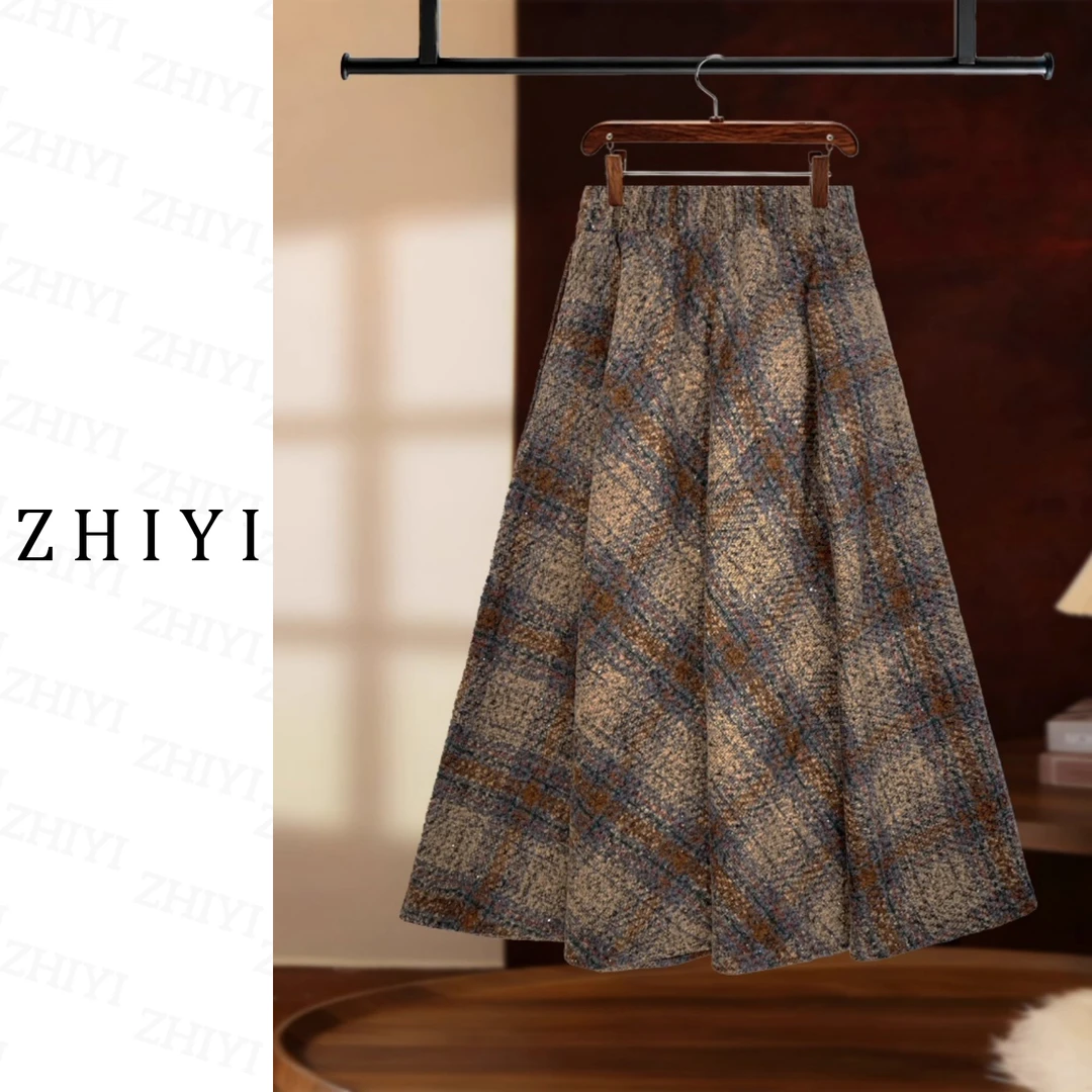 【二个裙长+有口袋】2025秋冬季新款复古咖色洋气细闪大摆格纹伞裙