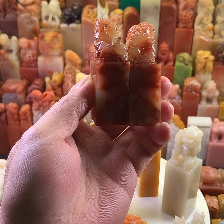印石寿山石龙凤呈祥对章